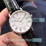 Best Quality Clone Longines White Dial Black Leather Strap Men's Watch